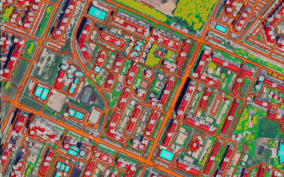 Buildings, roads and forest layers over a dense urban area