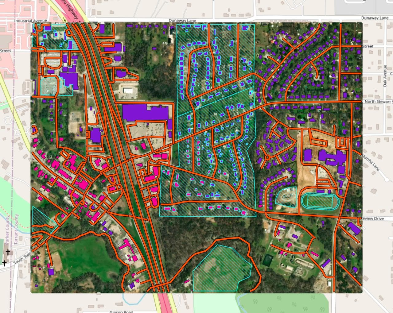 OpenStreetMap buildings and roads over imagery