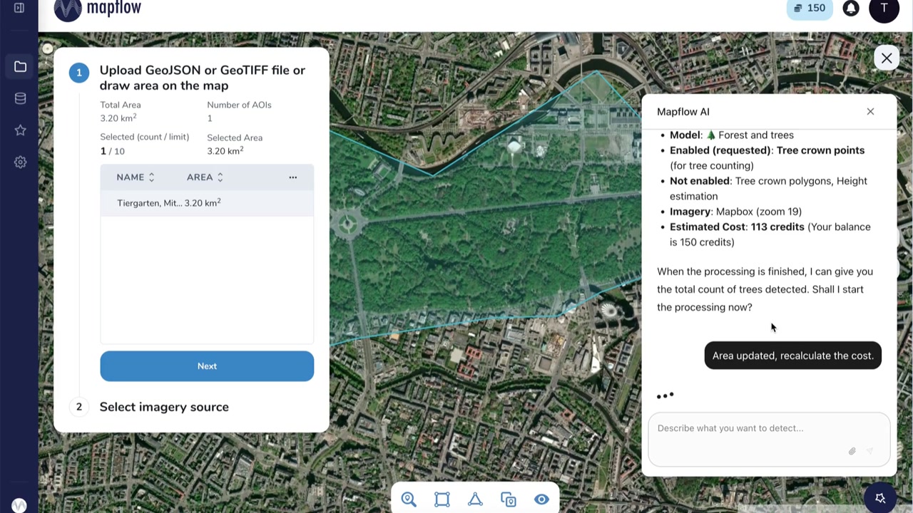 Refine the area on the map; cost is recalculated in real time