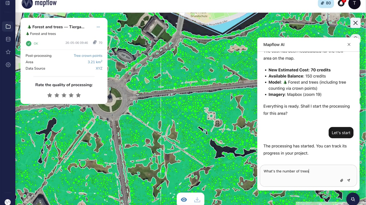 Results rendered on the map — ask the Agent about counts, stats, or next steps