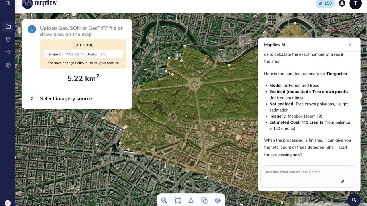 Mapflow AI Agent panel in the processing setup view, Tiergarten Berlin